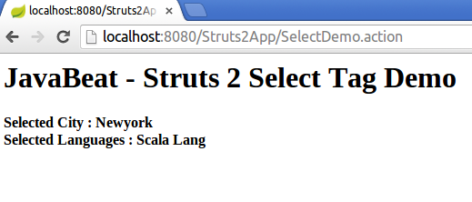 struts2 select tag example output screen