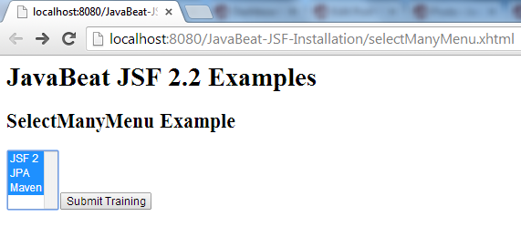 JSF 2 SelectManyMenu Example 1