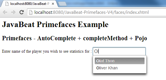 Primefaces AutoComplete + completeMethod + POJO Demo